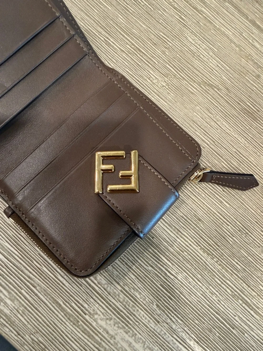 Fendi Brown and Black FF Logo Leather Zip Wallet with Gold Hardware - Picture 3 of 5